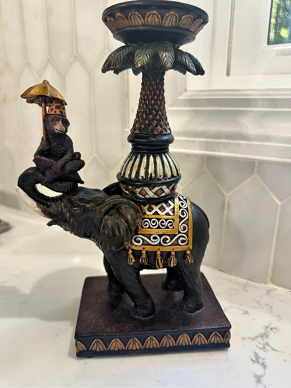 Elephant & Monkey Palm Decor Sculpture